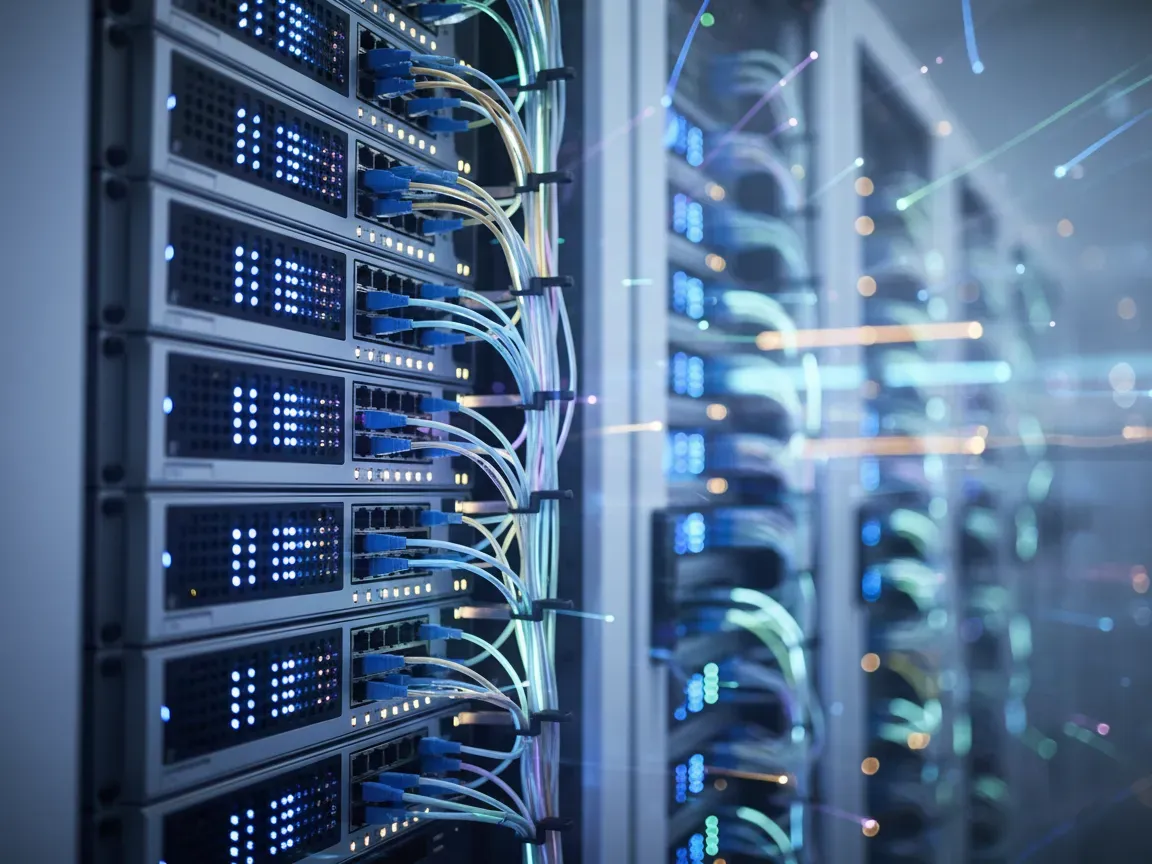 Server racks with glowing fiber optic cables and blinking blue and amber LED lights in a cool, tech environment.
