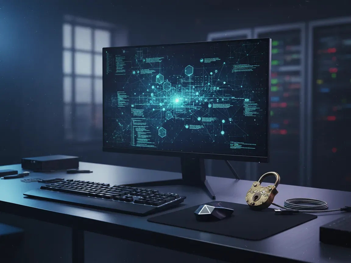 Open brass padlock beside a computer keyboard and a monitor displaying glowing digital network code on a dark desk.