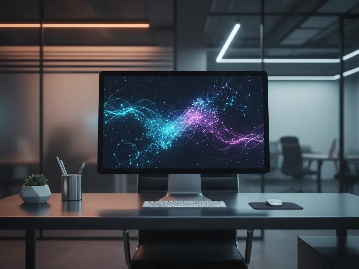 A sleek office desk with a monitor displaying glowing network diagrams, a potted succulent, and metallic accessories.