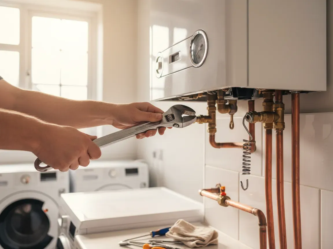 Hands using a wrench to service a modern wall-mounted boiler with copper pipes in a utility room.