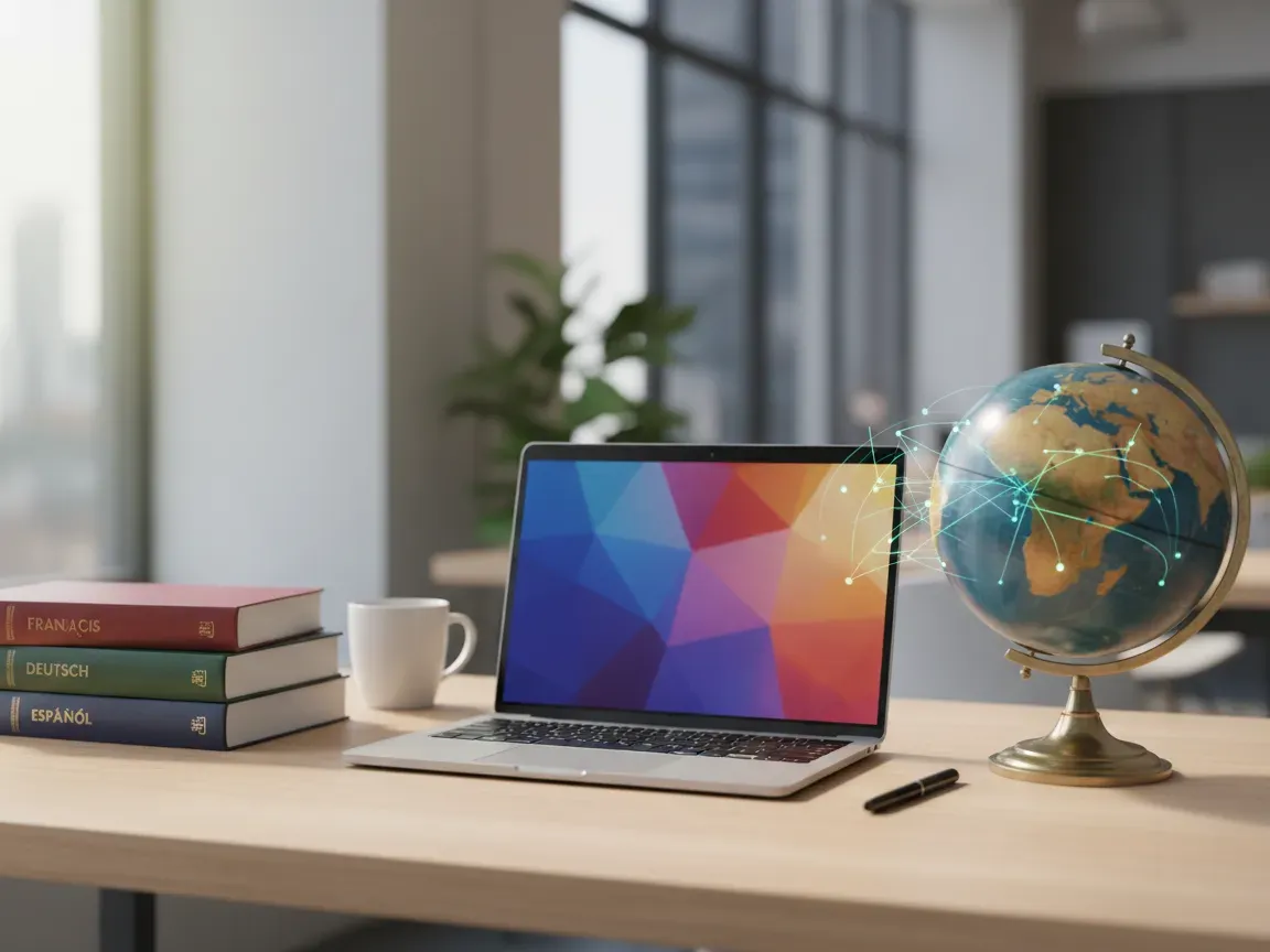 A modern desk with a laptop, stacked dictionaries, and a vintage globe with glowing digital network lines.