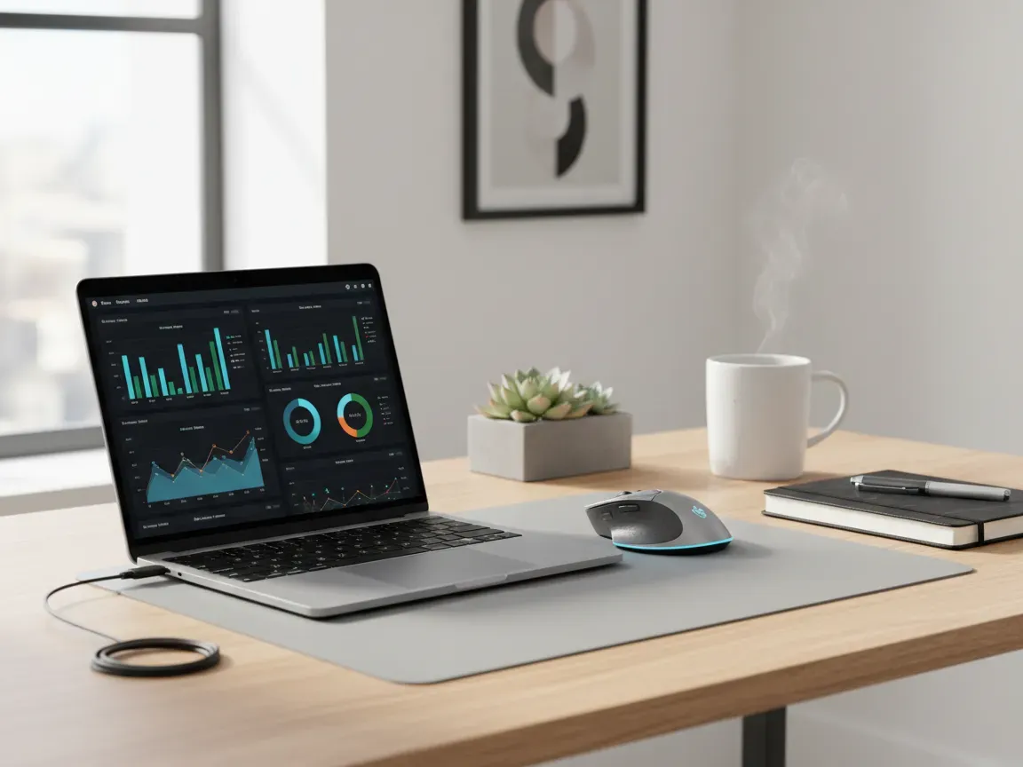 Laptop displaying analytics graphs on a modern office desk with a mouse, notebook, and coffee mug in soft daylight.