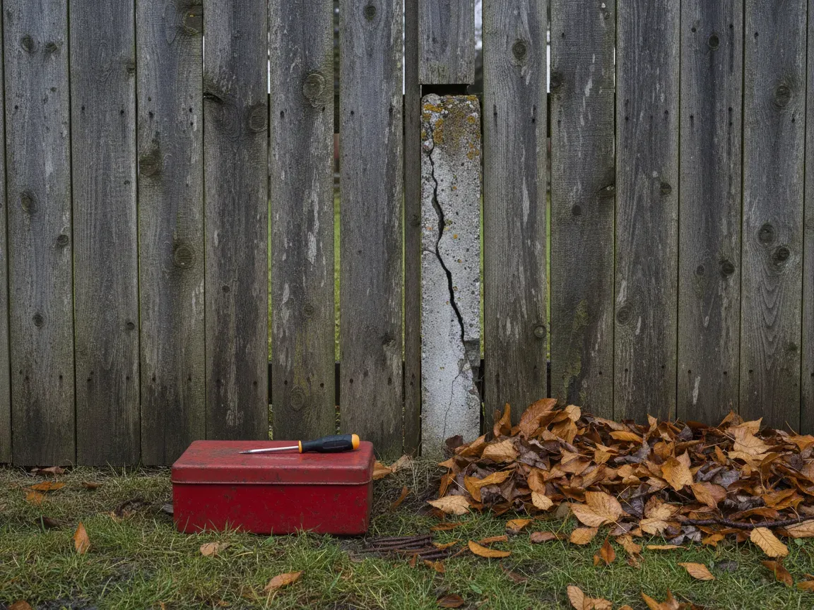 A toolbox and screwdriver by a weathered wooden fence post surrounded by wet golden leaves on damp grass in autumn.
