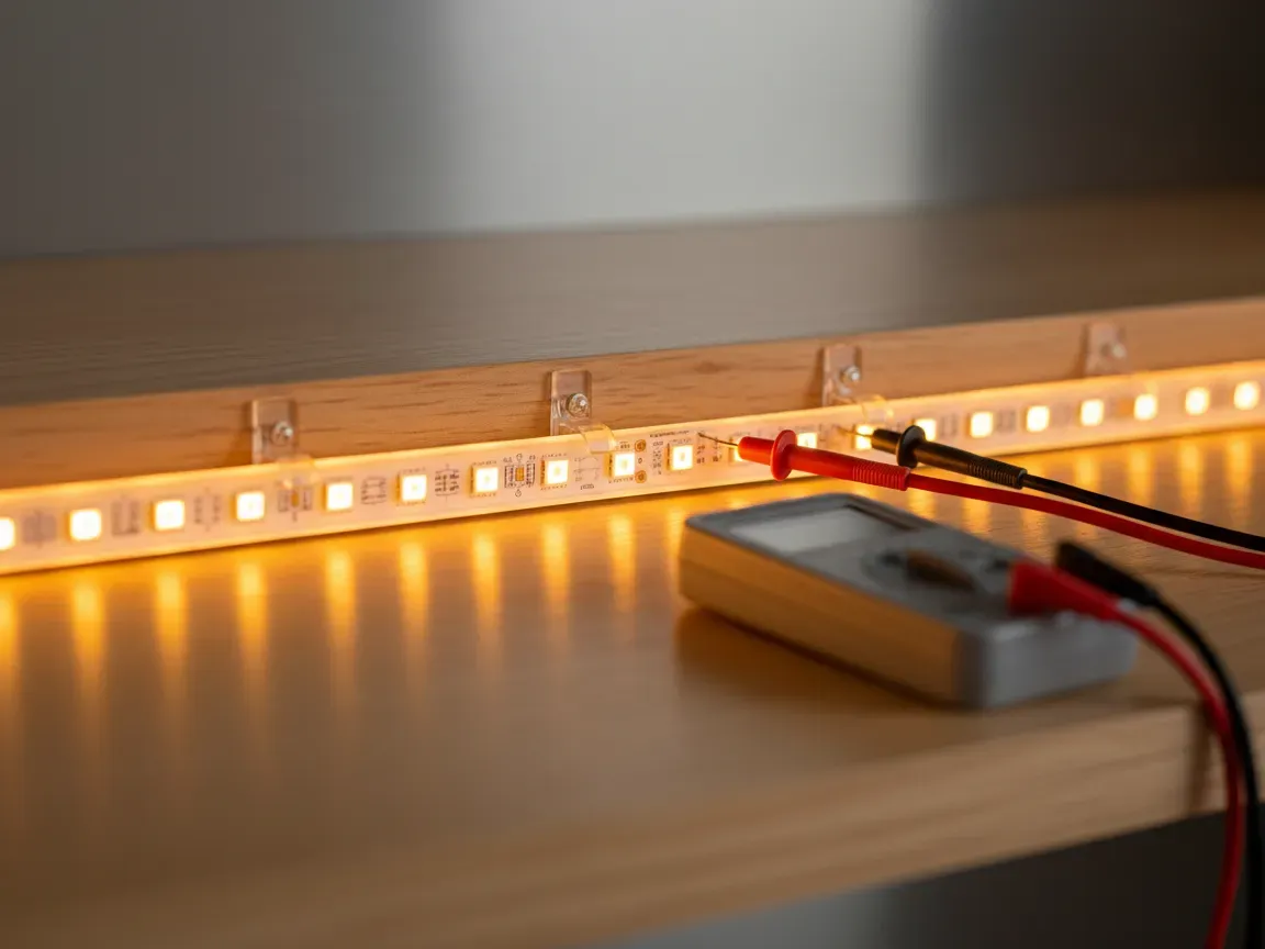 Glowing LED light strip on a wooden surface with wiring, clip connectors, and a digital multimeter.