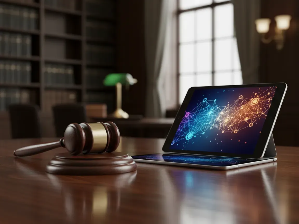 Bronze gavel on a polished wooden table next to a glowing tablet displaying digital network nodes.